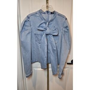 Akira Miss Independant 1X Bow Denim Blouse New With Tags Womens Jean Long Sleeve